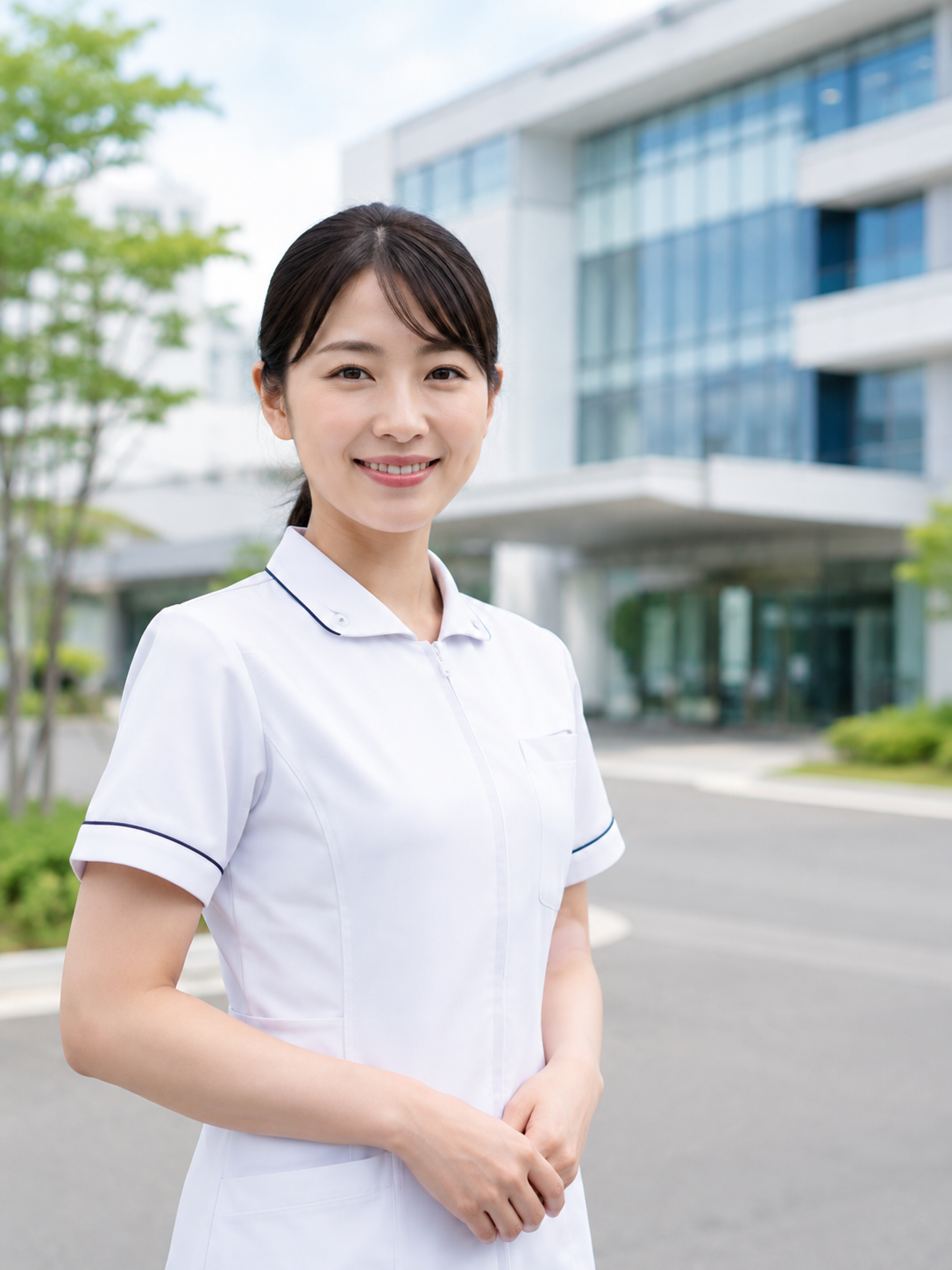 病院を背景にした女性看護師の作例